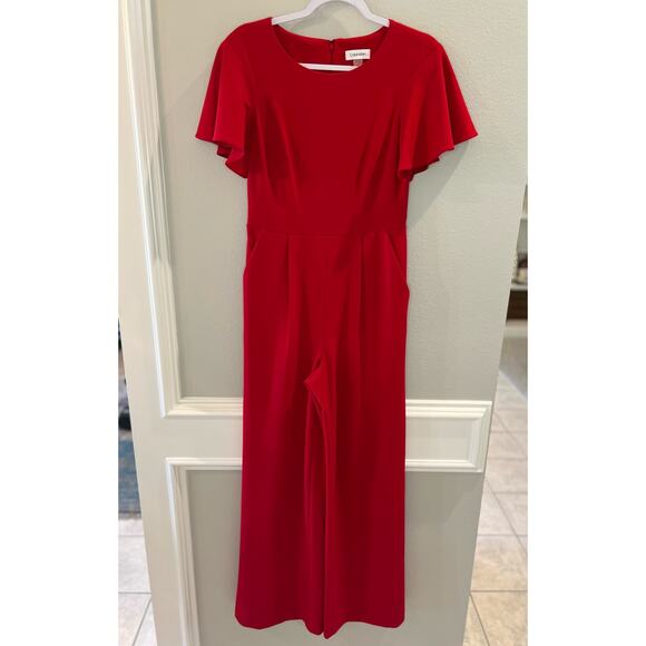 Calvin Klein Cropped Jumpsuit Women's Short Sleeve Straight Wide Leg Red Size 4 - Picture 1 of 8